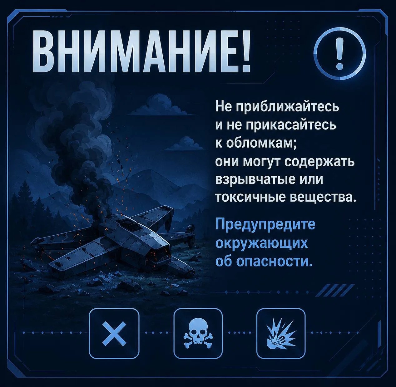Постоянно нам приходят оповещения о беспилотной опасности. Что делать, если обнаружили обломки сбитого беспилотника рассказали в карточках. Постоянно нам приходят оповещения о беспилотной опасности. Что делать, если обнаружили обломки сбитого беспилотника рассказали в карточках.